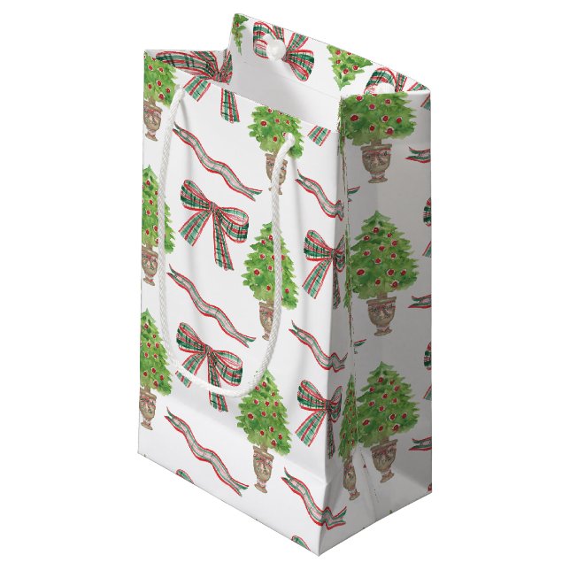 Watercolor Christmas Plaid Bow & Topiary Small Gift Bag (Front Angled)