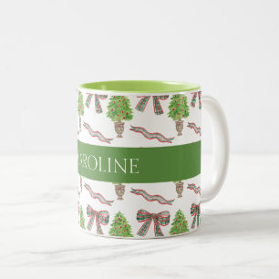 Watercolor Christmas Plaid Bow & Topiary Two-Tone Coffee Mug