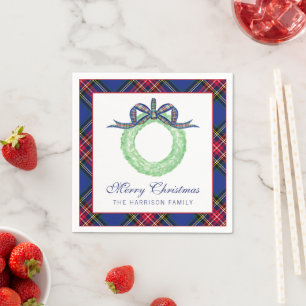 Watercolor Christmas Plaid Bow Wreath Personalized Napkin