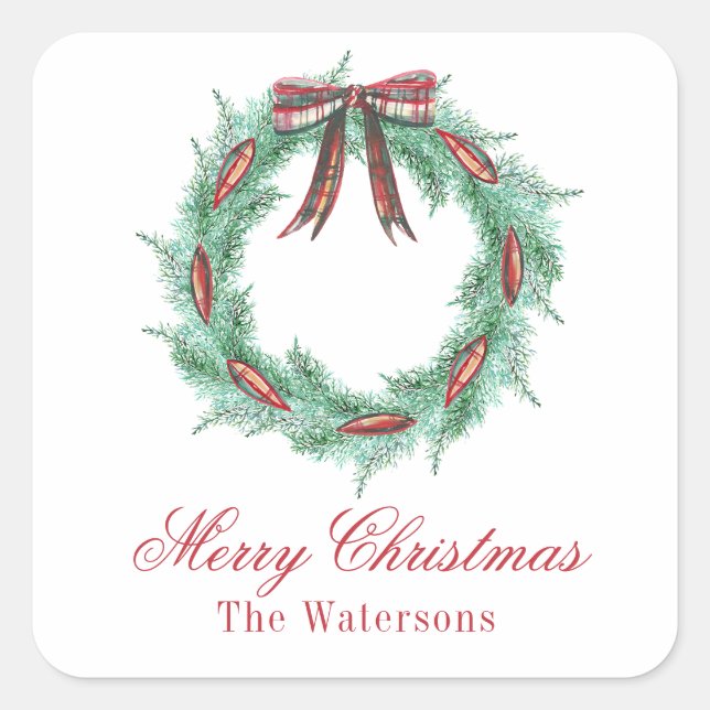 Watercolor Christmas Plaid Bow Wreath Square Sticker (Front)