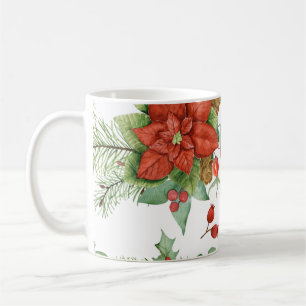 Watercolor Christmas Poinsettia and Red Cardinal  Coffee Mug
