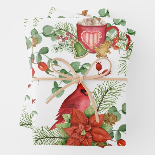 Watercolor Christmas Poinsettia and Red Cardinal  Wrapping Paper Sheet (In situ)