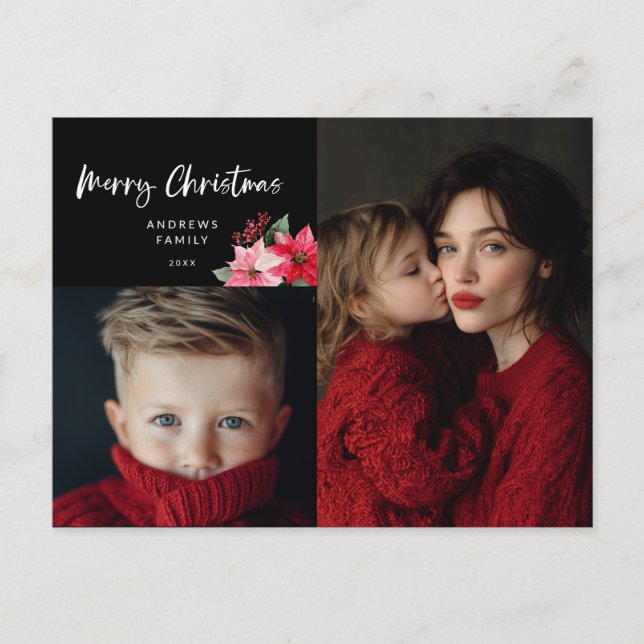 Watercolor Christmas Poinsettia Design Holiday Postcard (Front)