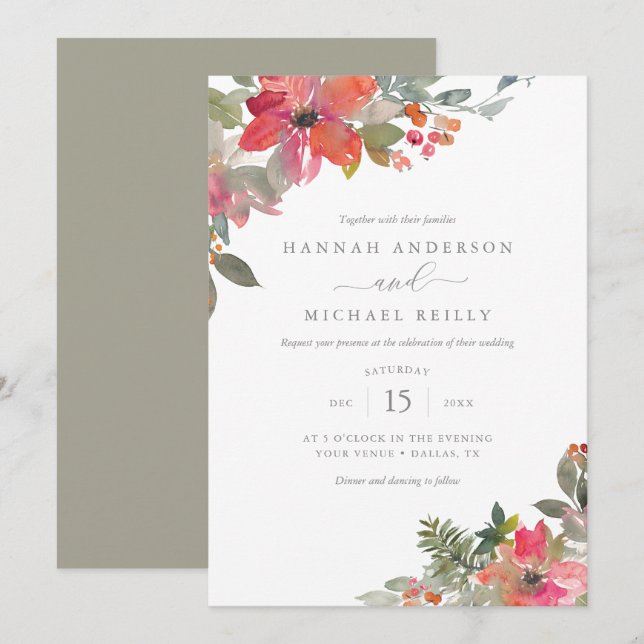 Watercolor Christmas Poinsettia Floral Wedding Invitation (Front/Back)