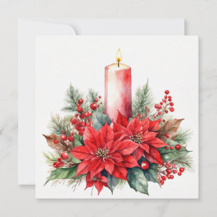 Watercolor Christmas Poinsettia Flowers, Berries Holiday Card