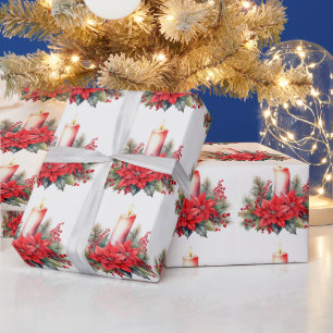 Watercolor Christmas Poinsettia Flowers, Berries Wrapping Paper