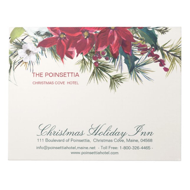 Watercolor Christmas Poinsettia & Holly, pine Notepad (Front)