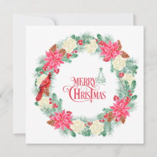 Watercolor Christmas Poinsettia Wreath Holiday Card