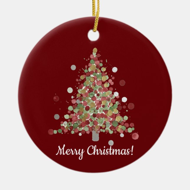 Watercolor Christmas Polka Dot Tree Ceramic Ornament (Front)