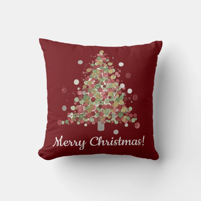 Watercolor Christmas Polka Dot Tree Throw Pillow (Front)