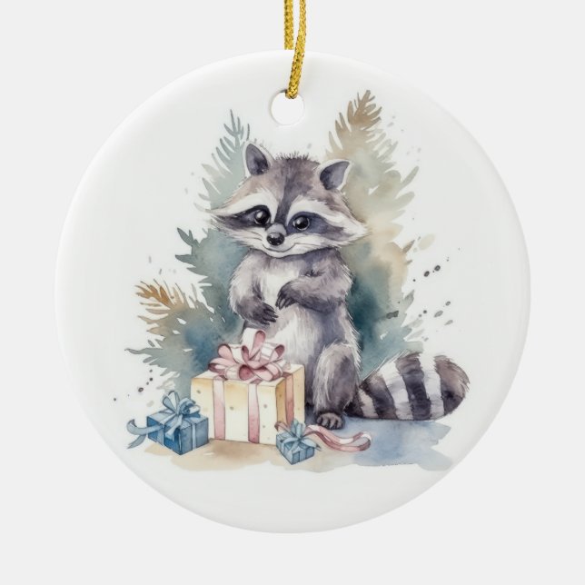 Watercolor Christmas Raccoon Ceramic Ornament (Front)