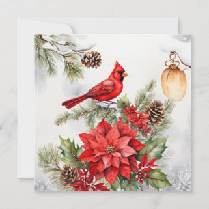 Watercolor Christmas Red Cardinal, Poinsettia, Fur Holiday Card