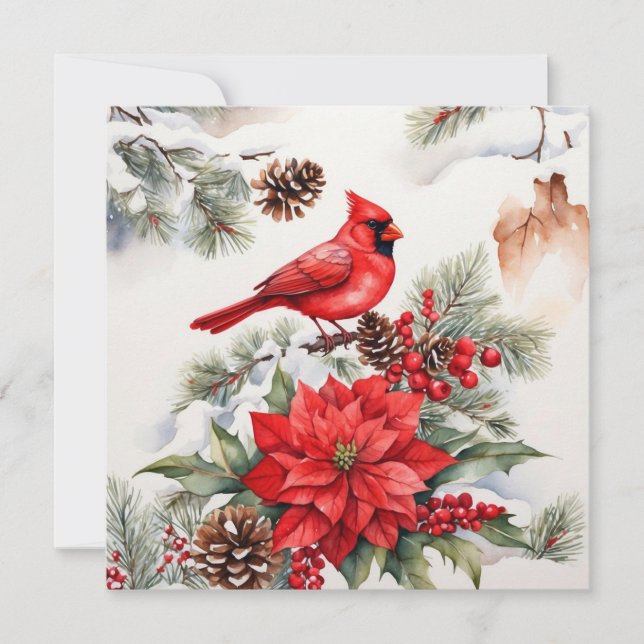 Watercolor Christmas Red Cardinal, Poinsettia Holiday Card (Front)