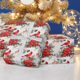 Watercolor Christmas Red Cardinal, Poinsettia Wrapping Paper