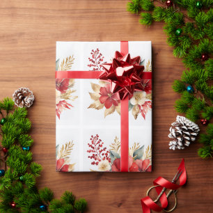 Watercolor Christmas Red Gold Floral Wrapping Paper