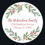 Watercolor Christmas red hollies return address Classic Round Sticker<br><div class="desc">For more advanced customization of this design,  simply select the "Customize It" button above!</div>