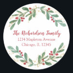 Watercolor Christmas red hollies return address Classic Round Sticker<br><div class="desc">For more advanced customization of this design,  simply select the "Customize It" button above!</div>
