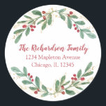 Watercolor Christmas red hollies return address Classic Round Sticker<br><div class="desc">For more advanced customization of this design,  simply select the "Customize It" button above!</div>