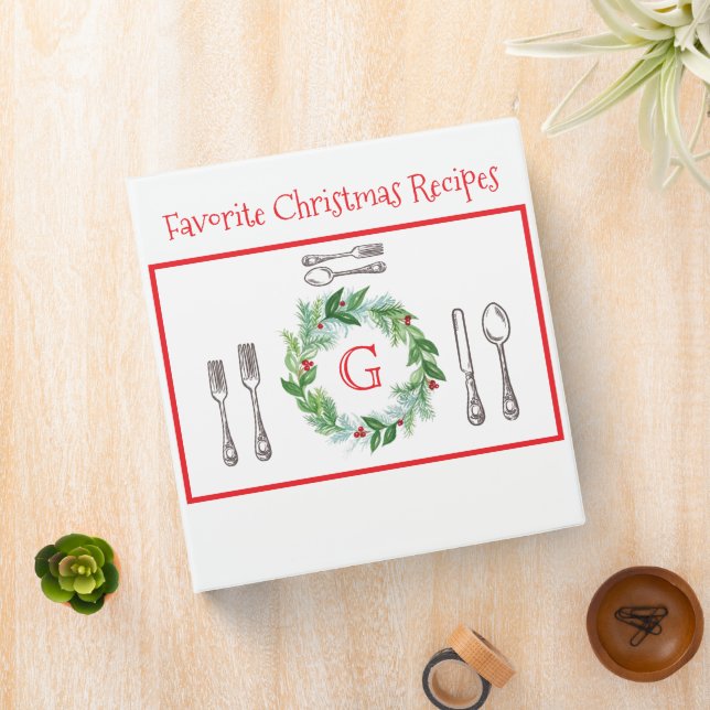 Watercolor Christmas Red MONOGRAM Family Recipes Binder (In Situ)