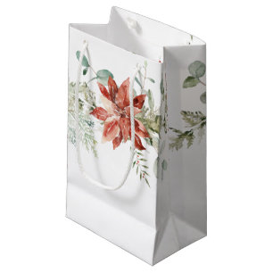 Watercolor Christmas Red Poinsettias Greenery Small Gift Bag