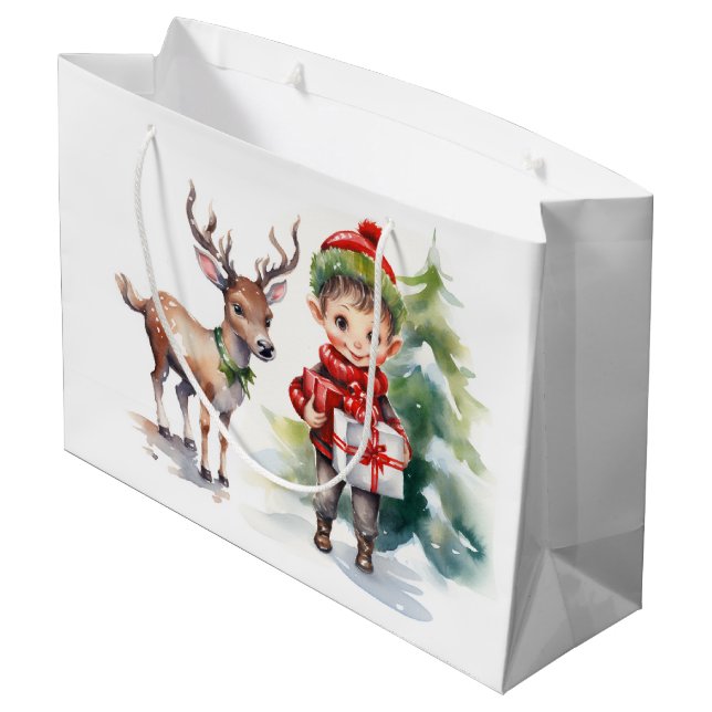 Watercolor Christmas Reindeer and Elf Large Gift Bag (Back Angled)