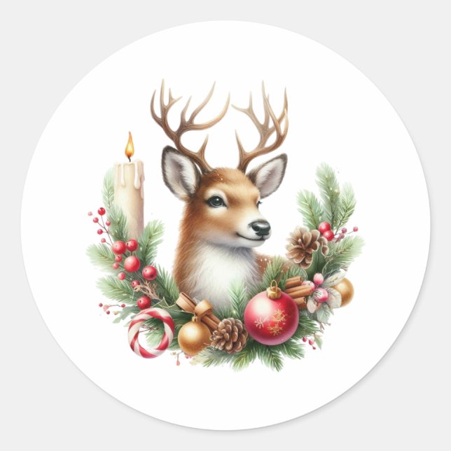 Watercolor Christmas Reindeer Classic Round Sticker (Front)