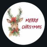 Watercolor Christmas Reindeer  Classic Round Sticker<br><div class="desc">Watercolor Christmas Reindeer Classic Round Sticker 
Crafts & Party Supplies > Gift Wrapping Supplies > Stickers & Labels</div>