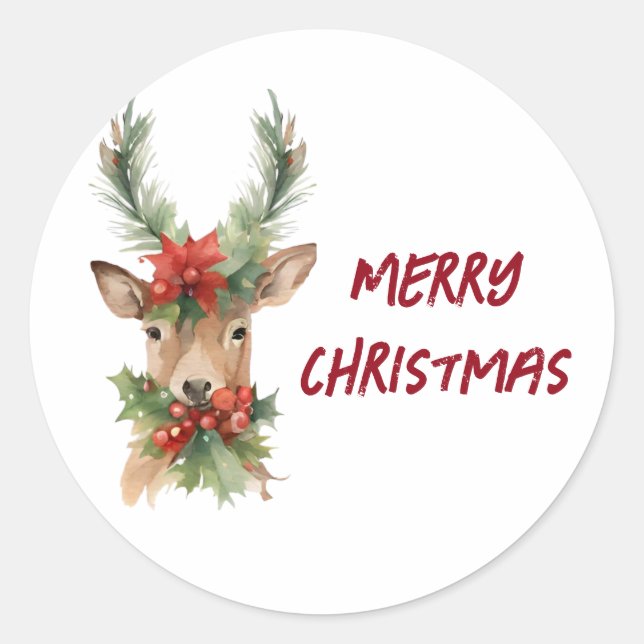 Watercolor Christmas Reindeer  Classic Round Sticker (Front)