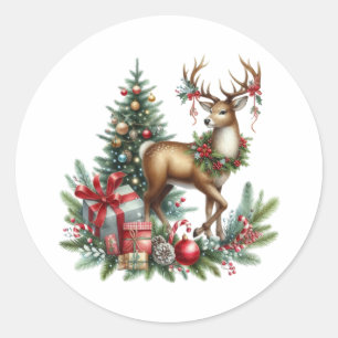 Watercolor Christmas Reindeer Classic Round Sticker