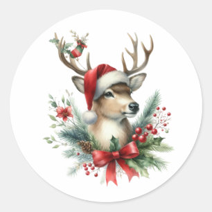 Watercolor Christmas Reindeer Classic Round Sticker