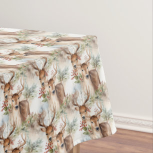 Watercolor Christmas reindeer greenery holly berry Tablecloth