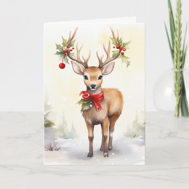 Watercolor Christmas Reindeer Holiday Card (Front)