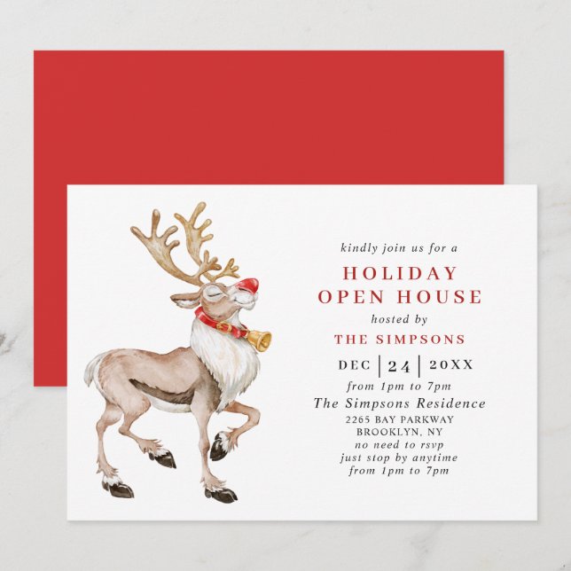 Watercolor Christmas Reindeer HOLIDAY OPEN HOUSE Invitation (Front/Back)