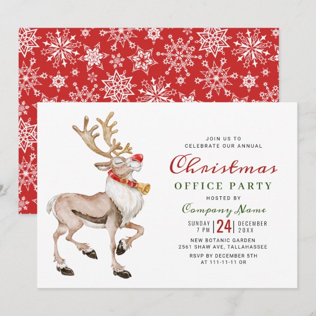 Watercolor Christmas Reindeer Holiday Party Invitation (Front/Back)