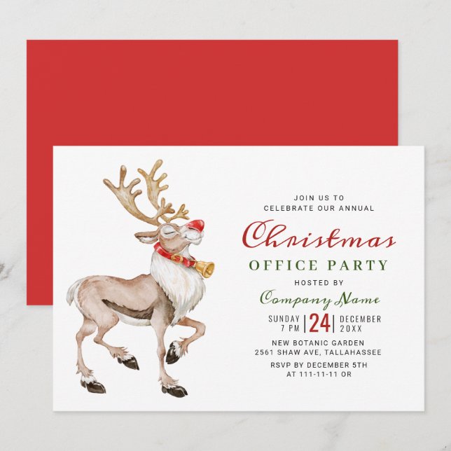 Watercolor Christmas Reindeer Holiday Party Invitation (Front/Back)