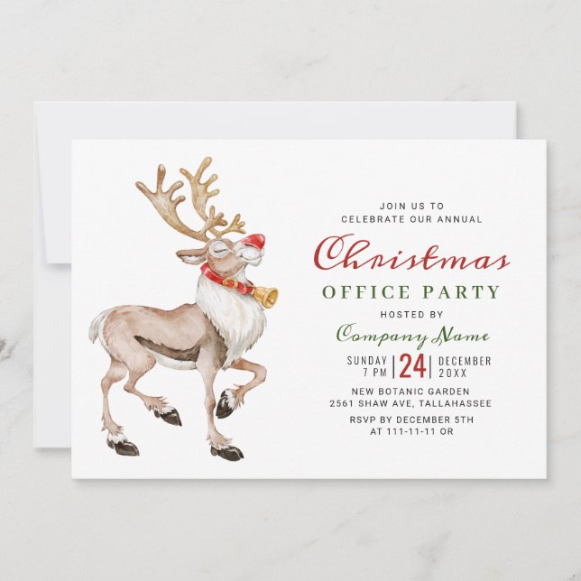 Watercolor Christmas Reindeer Holiday Party Invitation (Front)