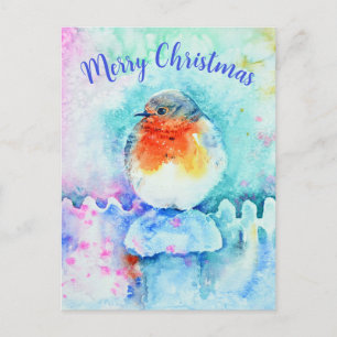 Watercolor Christmas Robin Colourful Personalized Holiday Postcard