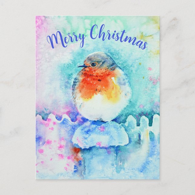 Watercolor Christmas Robin Colourful Personalized Holiday Postcard (Front)