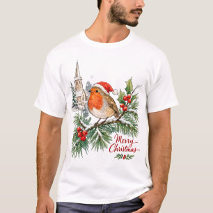 Watercolor Christmas Robin with Holly and Snow T-Shirt