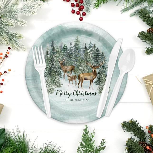 Watercolor Christmas Rustic Forest Woodland Deer Paper Plate (Creator Uploaded)
