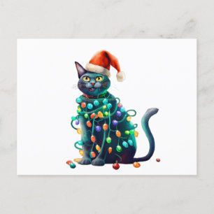 Watercolor Christmas Santa Cat Tree Lights Postcard
