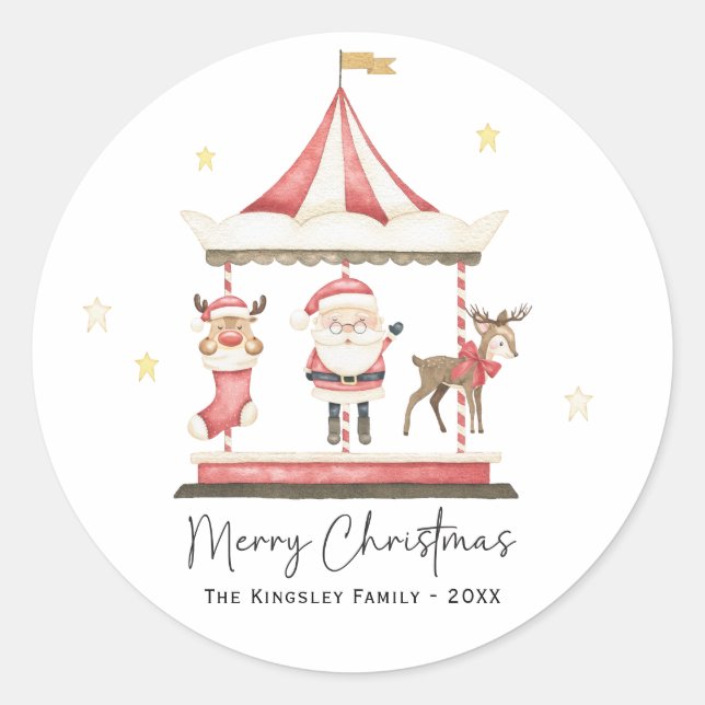 Watercolor Christmas Santa Claus Carousel  Classic Round Sticker (Front)