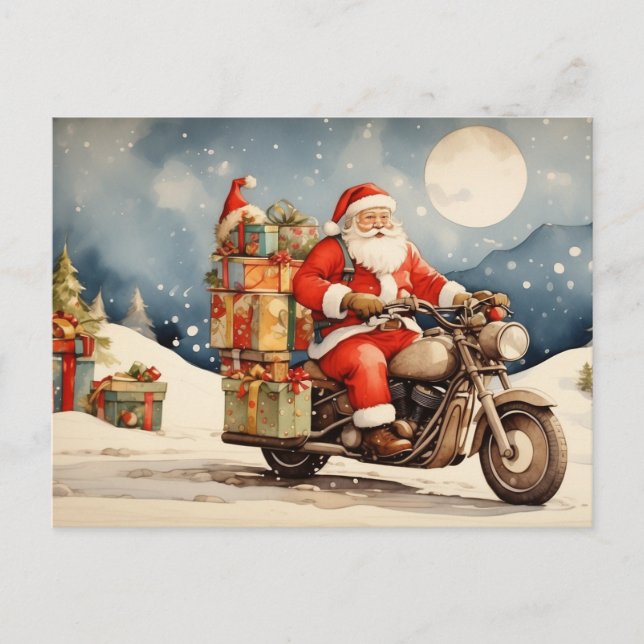 Watercolor Christmas Santa Claus on Motorcycle Holiday Postcard (Front)
