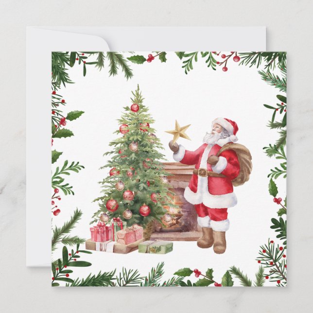 Watercolor Christmas Santa with Christmas Tree  Holiday Card (Front)