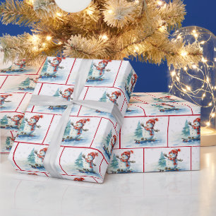 Watercolor Christmas Snowman On A Skateboard Wrapping Paper