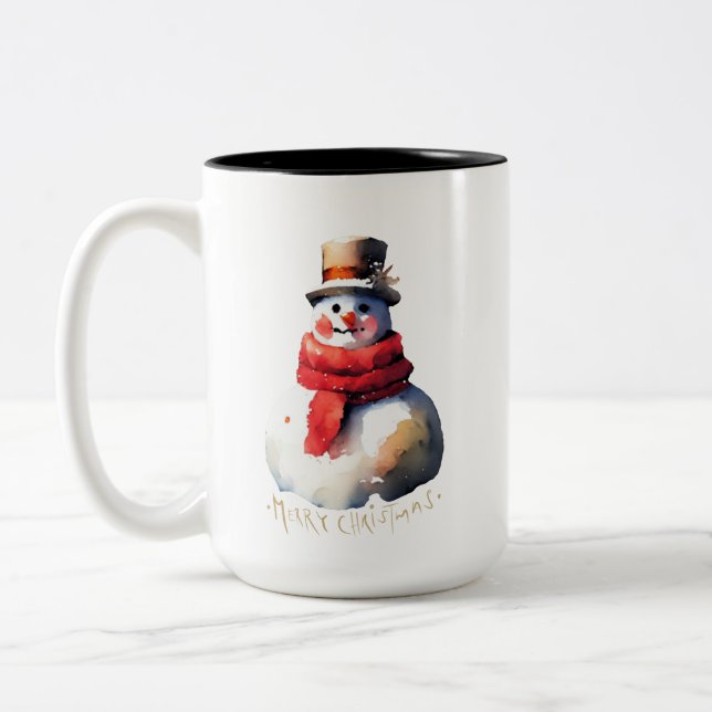 Watercolor Christmas Snowman Two-Tone Coffee Mug (Left)