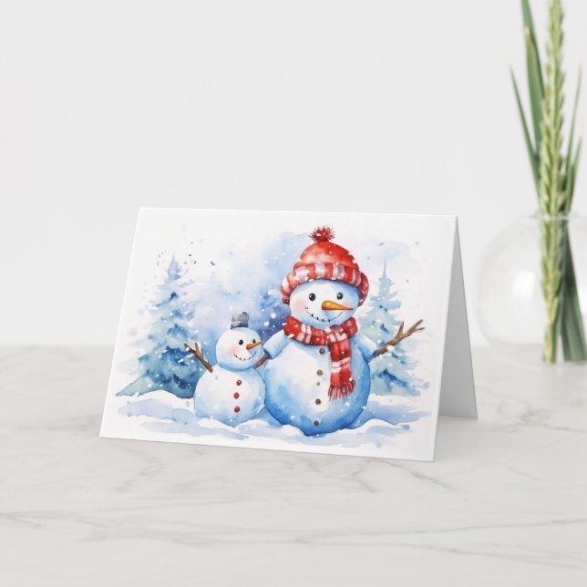 Watercolor Christmas Snowmen Holiday Card (Front)