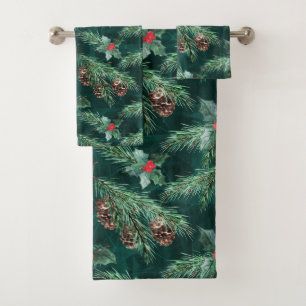 Watercolor Christmas spruce with cones  Bath Towel Set