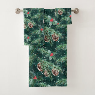 Watercolor Christmas spruce with cones Bath Towel Set