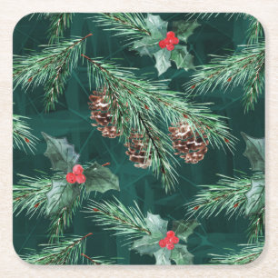 Watercolor Christmas spruce with cones Square Paper Coaster